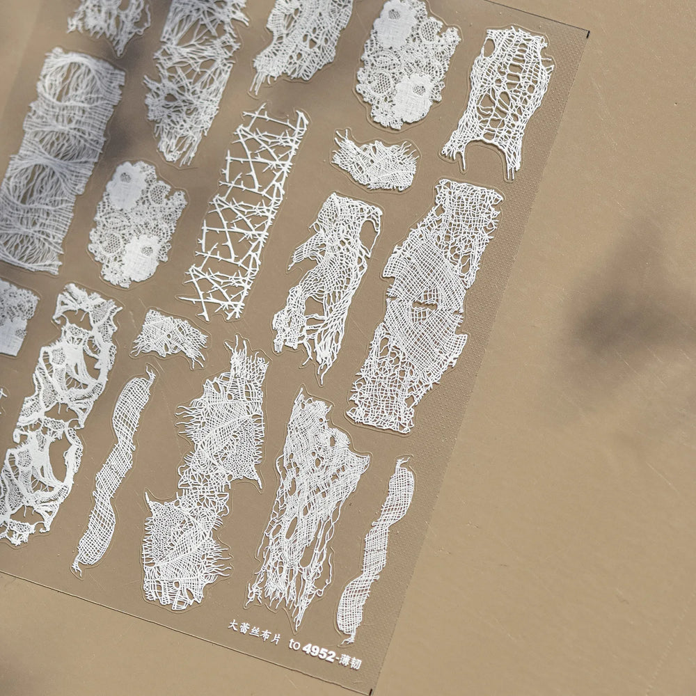Retro White Lace Bandage Line Bowknot Irregular Fabric Cording Square Calligraphy Adhesive Nail Art Sticker 3D Manicure Decals (ONLINE ORDER ONLY)
