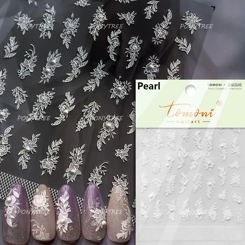 French Romantic Lace Flower Fabric Art Pearl Pendant Portrait Bowknot Textile Printing Delicate Nail Art Stickers Manicure Decal (ONLINE ORDER ONLY)
