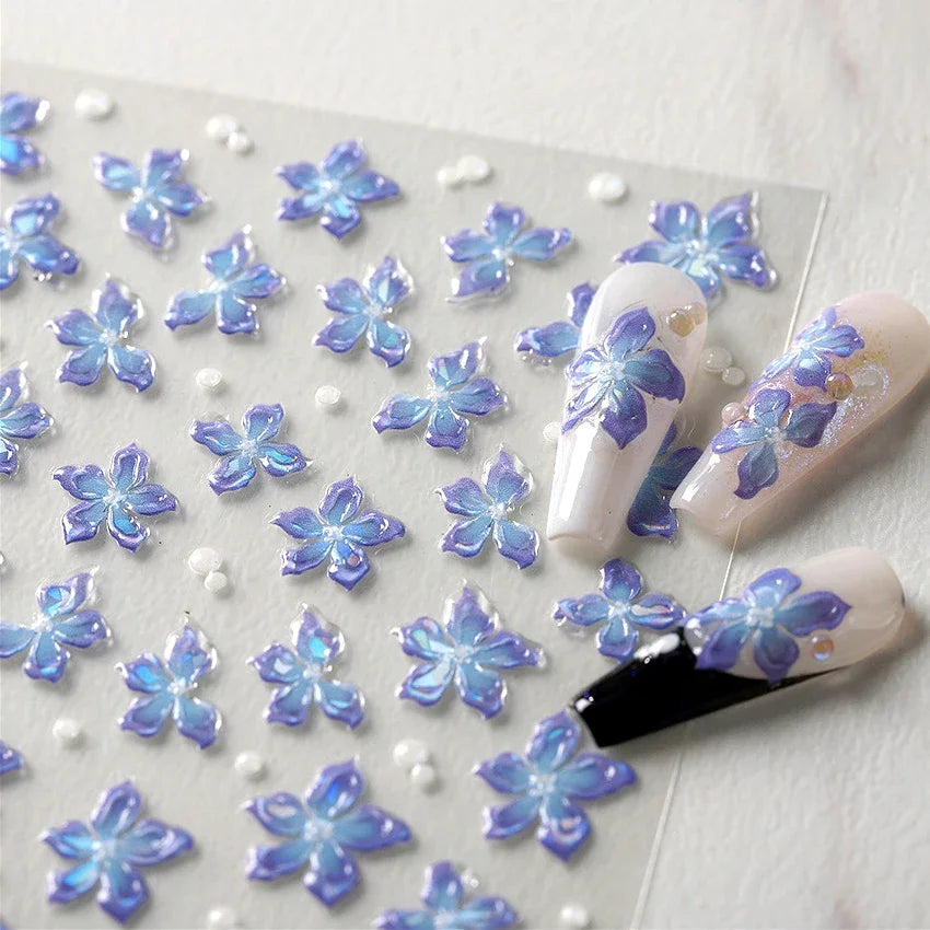 Charming Dreamy Shiny Jelly Blue Gradient Lily Flowers Rose Petal White Dot Chinese Colorful Nail Art Stickers Manicure Decals (ONLINE ORDER ONLY)
