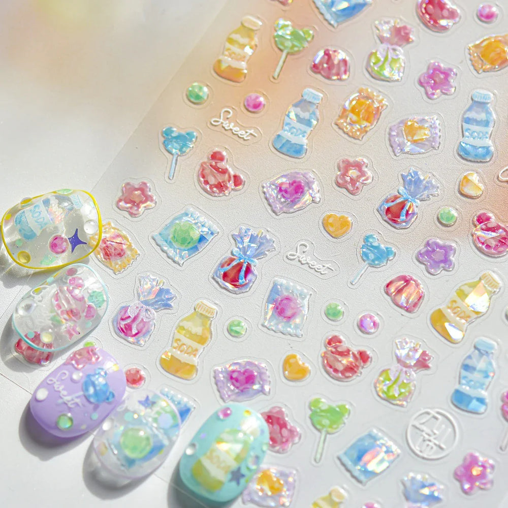 Colourful Jelly Rabbit Bunny Gummy Bear Cute Lollipop Soda Water Candy Snack Pudding Star Heart Nail Art Stickers Manicure Decal (ONLINE ORDER ONLY)