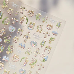 Spring Pink Lily of The Valley Flowers Blooming Blue Bowknot Heart 5D Soft Relief Self Adhesive Nail Art Sticker Manicure Decals (Online Order Only)
