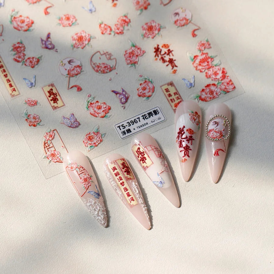 Bloomy Water Side Flower Delicate and Charming Peach Blossom Rose Garden Adhesive Nail Art Decorations Sticker Manicure Decals (ONLINE ORDER ONLY)