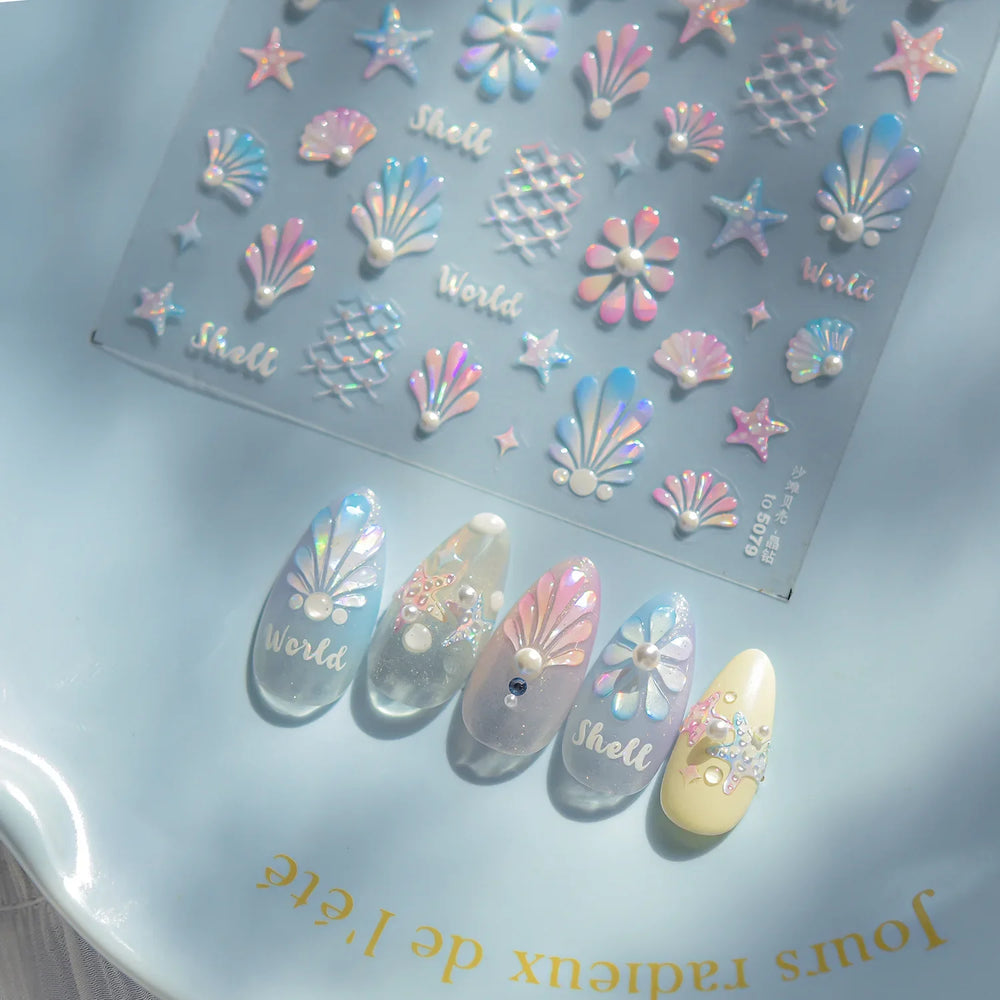 Marine Shell Starfish Ocean Elements Pearl Star Fishing Net Colourful Underwater Organisms 5D Nail Art Stickers Manicure Decals (Online Order Only)
