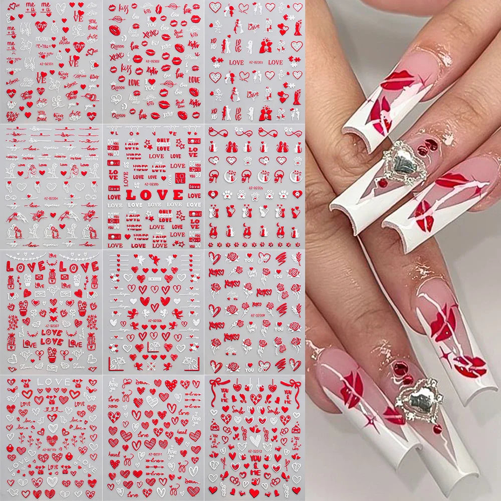 12 Sheets Valentines Nail Stickers Red Heart Nail Art Sticker Decal Solid Hollow Heart 3D Self-Adhesive Design Nail Art Supplies (ONLINE ORDER ONLY)