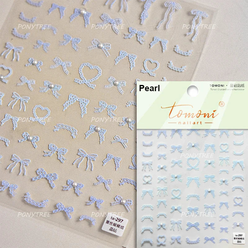 Chic Shiny Lace Pink Black White Bowknot Pearl Rhinestones Charming 3D Self Adhesive Nail Art Decoration Sticker Manicure Decals (Online Order Only)