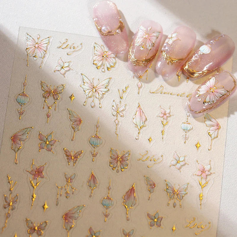 Butterfly Peach Blossom Flowers Lantern Star Tassel Pendant Gold Hot Stamping Self Adhesive Nail Art Stickers Manicure Decals (ONLINE ORDER ONLY)
