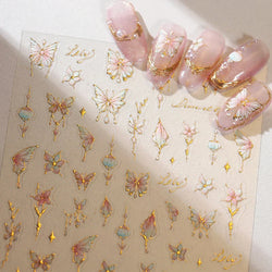 Butterfly Peach Blossom Flowers Lantern Star Tassel Pendant Gold Hot Stamping Self Adhesive Nail Art Stickers Manicure Decals (ONLINE ORDER ONLY)