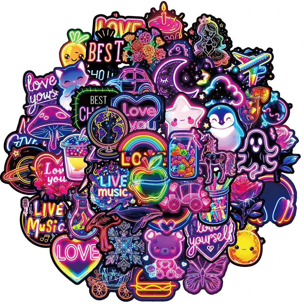 Kawaii Cartoon Neon Light Stickers for Laptop, Phone, Fridge, Scrapbook - 10/30/50pcs (ONLINE ORDER ONLY)