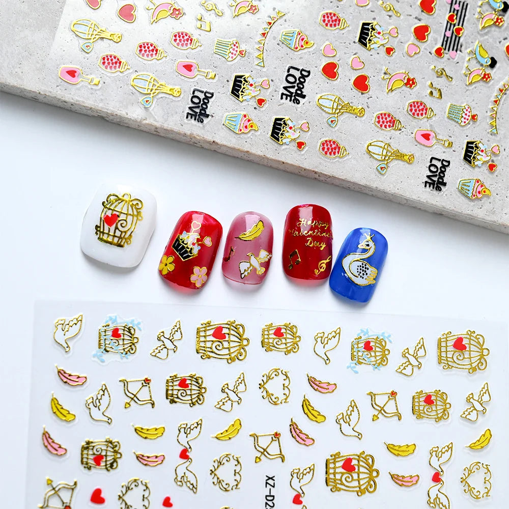 12Pcs 3D Golden Red Glitter Heart Love Nail Sticker Valentine Self Adhesive Cartoon Decal Geometry Lines Stripe Slider Manicure* (ONLINE ORDER ONLY)