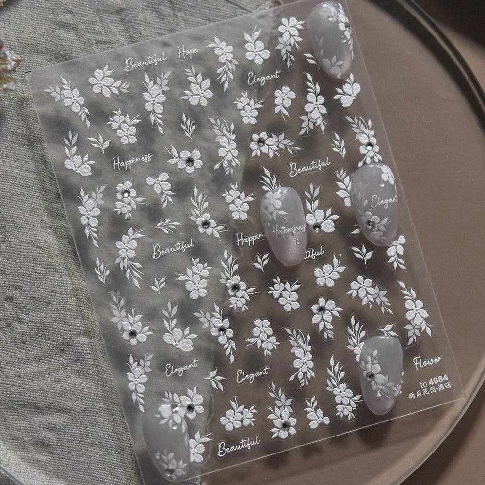 Wet Garden White Flower Leaves Elegant Beautiful Petal Delicate 5D 3D Charming Spring Adhesive Nail Art Stickers Manicure Decals (ONLINE ORDER ONLY)