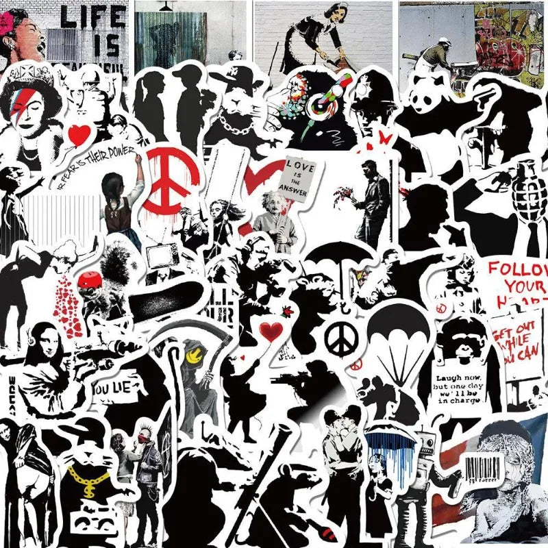 65pcs Banksy Street Art Stickers for Luggage, Water Bottles, Phones, Laptops, Scooters, Refrigerators (Online Order Only)