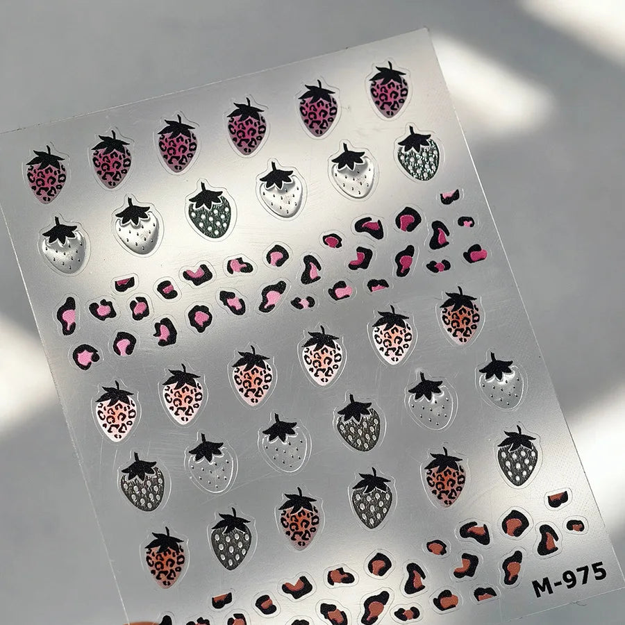 Pink Transparent Strawberry Leopard Print Metal Silver Fruit Lovely Self Adhesive Nail Art Stickers 5D Manicure Decals Wholesale (ONLINE ORDER ONLY)