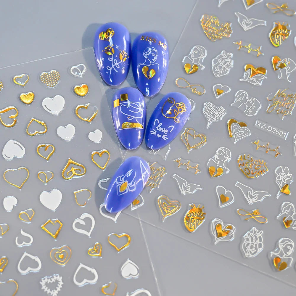 1PC Holographic Laser Heart Nail Stickers-3D Self-Adhesive Golden White Valentines Day Nail Decals For Women Nail Art Decoration (ONLINE ORDER ONLY)