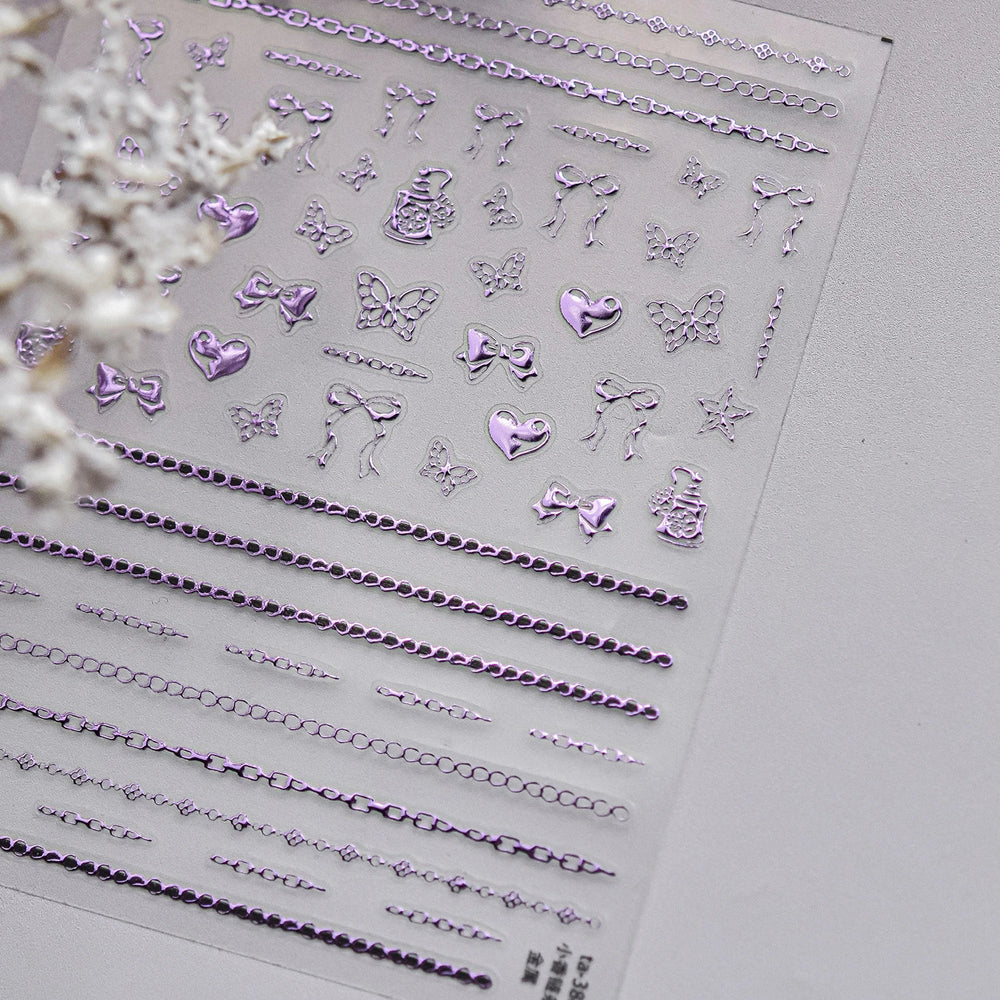 Hot Stamping Purple Line Love Heart Lace Bowknot Chain Branches Star Flower Leaf Butterfly Plant Flower Nail Art Stickers Decals (Online Order Only)