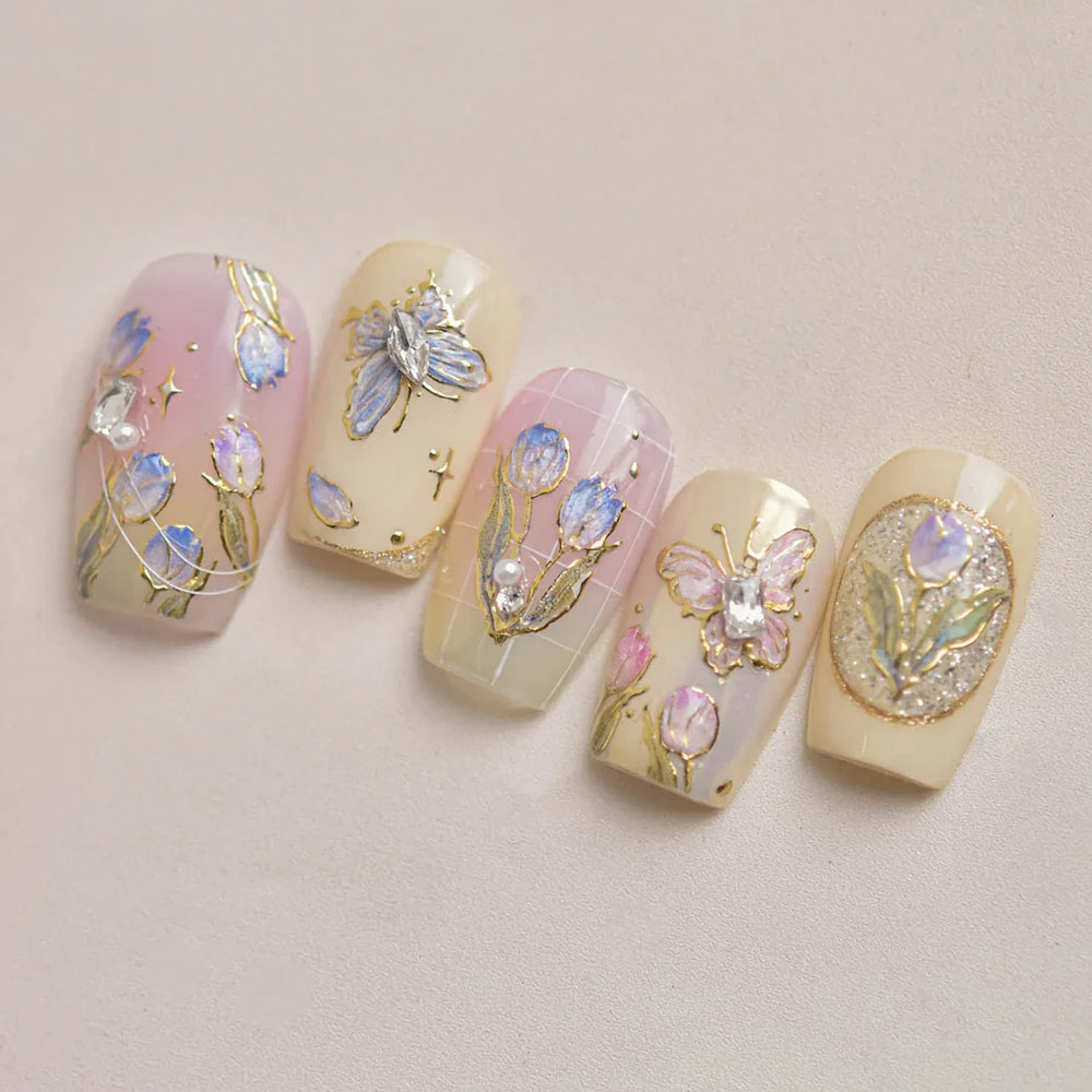 Delicate Dreamy Petal Star Tulip Flower Purple Bowknot Butterfly Illusion Chic Relief Adhesive Nail Art Stickers Manicure Decals (Online Order Only)