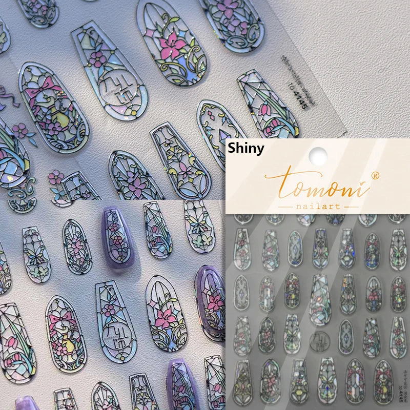 Retro Shiny Glazed Rococo Flower Window Dreamy Butterfly Geometric Frame Stamp Embossed Reliefs Nail Art Stickers Manicure Decal (Online Order Only)