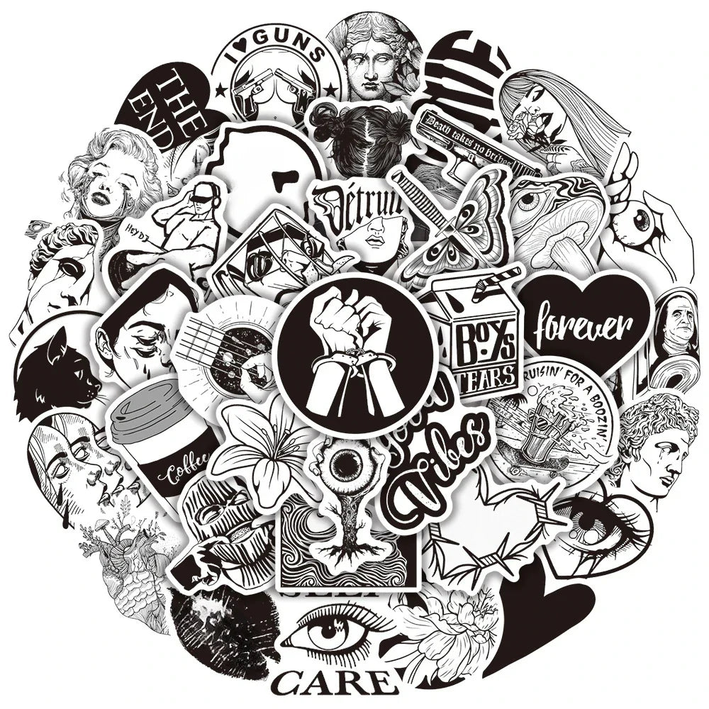 Aesthetic Black Graffiti Stickers for DIY Scrapbooking, Suitcase, Water Bottle, Phone, Laptop, Guitar, Skateboard (10/25/50pcs) (Online Order Only)