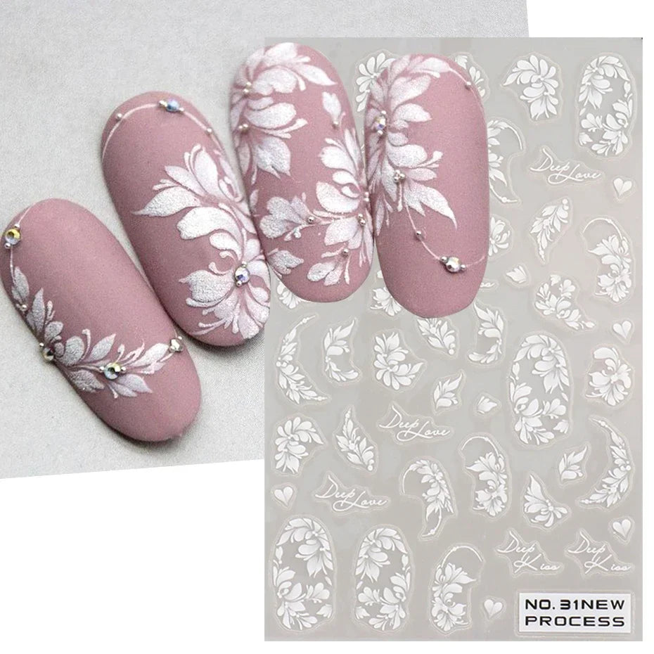 White Lace Flower Nail Art Sticker Acrylic Floral Charm Adhesive Sliders Elegant Wedding Bride Simple Line Design Manicure Decal (Online Order Only)