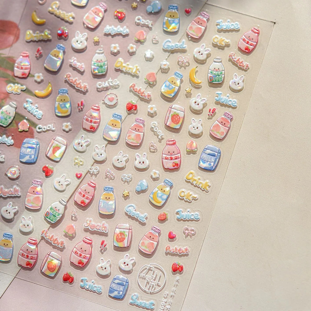 Cute Bowknot Rabbit Fruit Juice Beverage Drink Strawberry Peach Banana Adhesive Nail Art Decoration Stickers Manicure Decals (ONLINE ORDER ONLY)