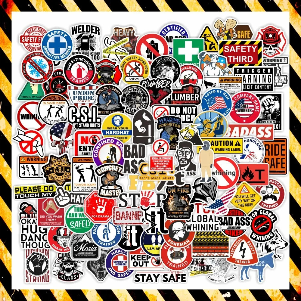 Safety Helmet Warning Stickers Vinyl Decals for Snowboard Laptop Luggage Car Fridge Decor (10/30/50/100 Pcs) (Online Order Only)