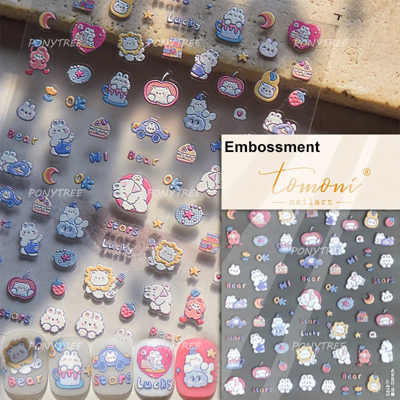 Cute Rabbit Fan Peach Blossom Teacup Lollipop Strawberry Star Cherry Hat Soft Embossed Adhesive Nail Art Stickers Manicure Decal (ONLINE ORDER ONLY)