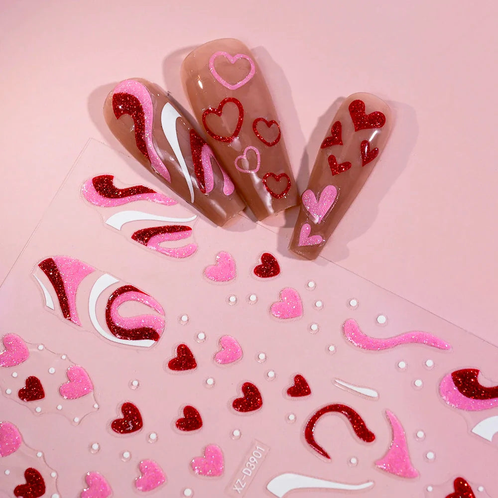 1Pc Red Pink White Heart Bow Nail Art Stickers with Glitter Sequins 5D Self Adhesive Nail Decorations Slider Decals DIY Manicure (ONLINE ORDER ONLY)