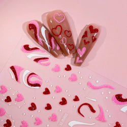 1Pc Red Pink White Heart Bow Nail Art Stickers with Glitter Sequins 5D Self Adhesive Nail Decorations Slider Decals DIY Manicure (ONLINE ORDER ONLY)