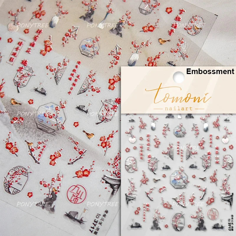 Retro Blue Lotus Flower Arrangement Vase Lantern Totem Pattern Bamboo Leaf Self Adhesive Nail Art Stickers Shiny Manicure Decals (ONLINE ORDER ONLY)