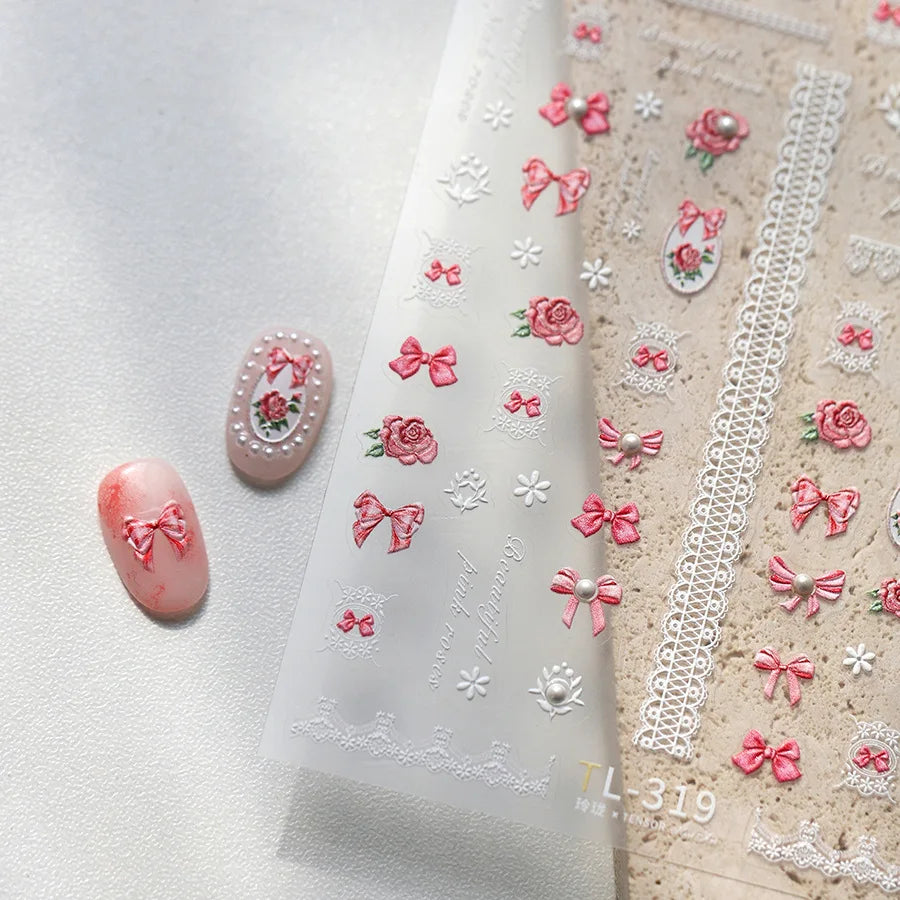 French Chic Mini Pink Rose Flower Bowknot Lace Ribbon Pearl White Little Flower Self Adhesive Nail Art Stickers Manicure Decals (ONLINE ORDER ONLY)