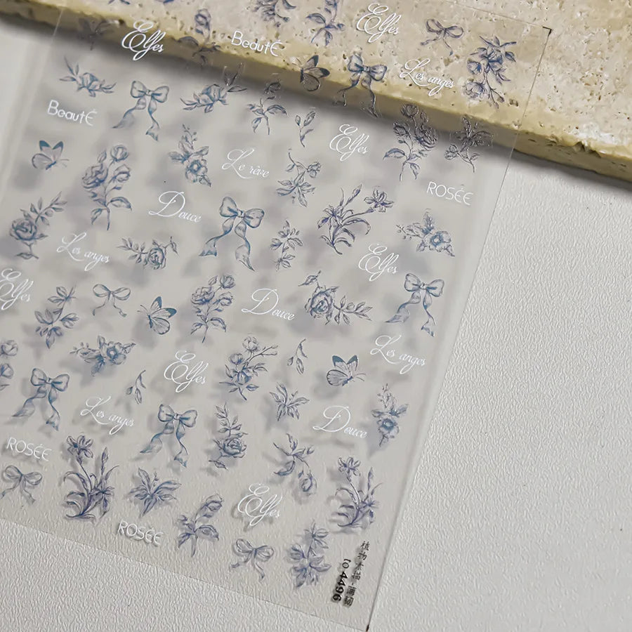 Brown Blue White Hand Drawn Sketch Plants Leaves Bowknot Butterfly Flowers Adhesive Nail Art Decoration Stickers Manicure Decals (Online Order Only)