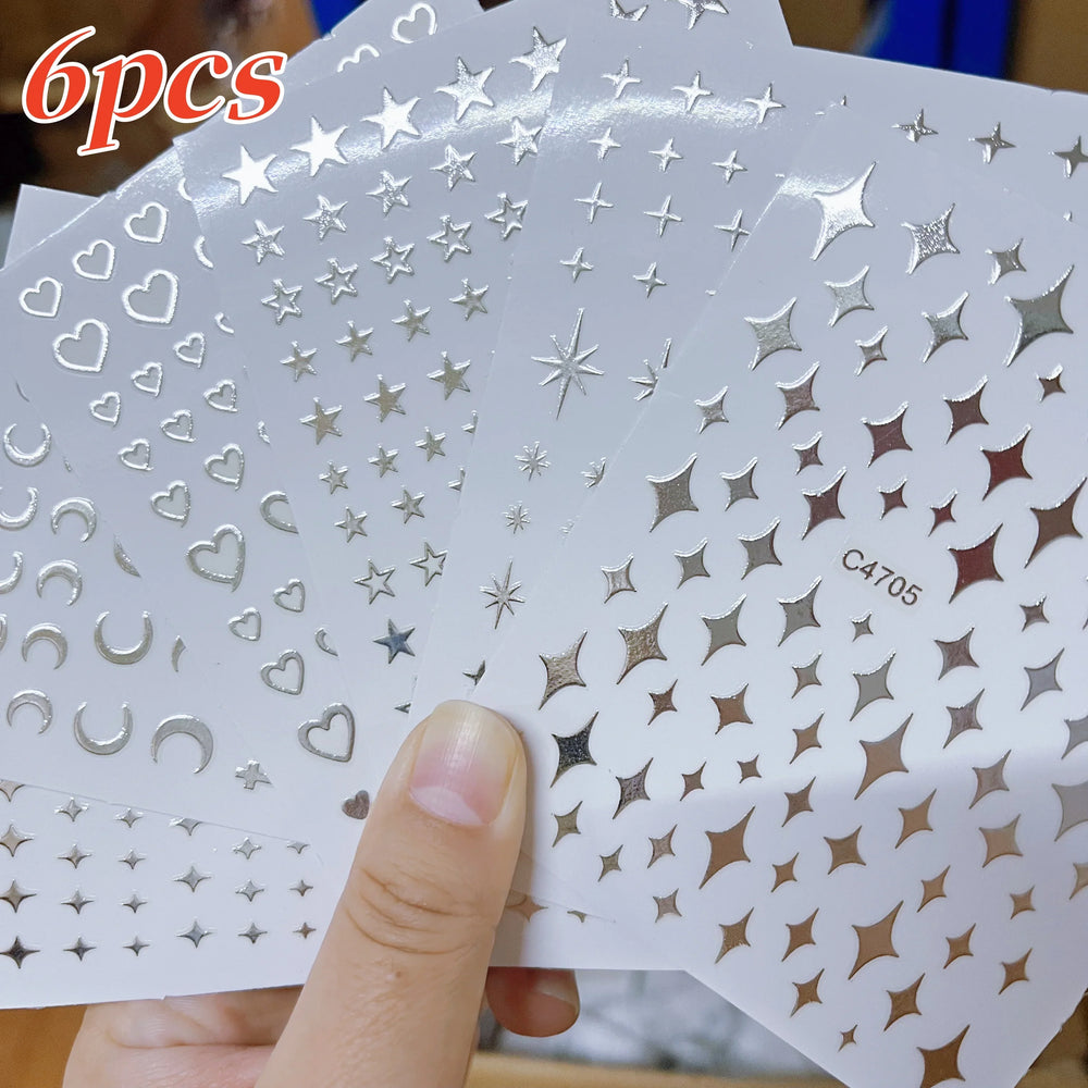 6pcs Mirror Silver Star 3D Nail Sticker Holographic Heart/Moon/Cross Design Self-Adhesive Decal Manicure Art Supplies Decoration (ONLINE ORDER ONLY)