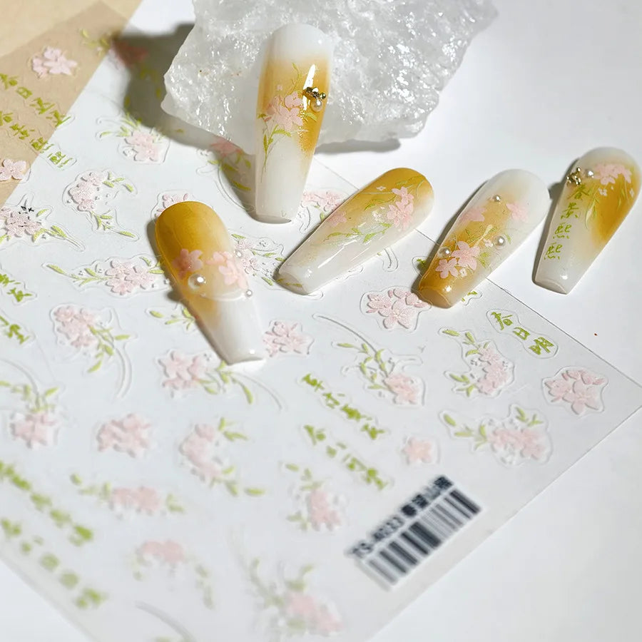 Mountain Flower Peach Blossom Vibrant Flowers Green Leaves Antique Chic Self Adhesive Nail Art Stickers Spring 3D Manicure Decal (ONLINE ORDER ONLY)