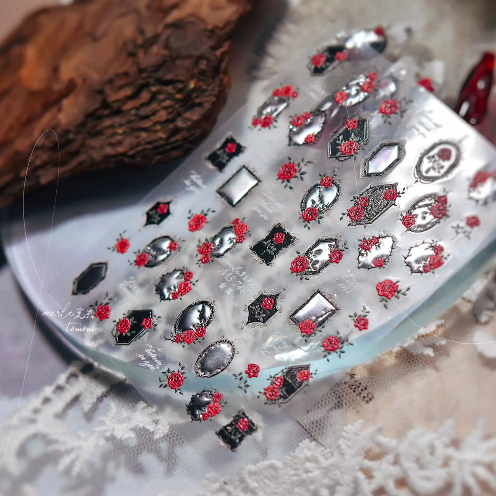 Metal Effect Rose Flower Pattern Totem Photo Frame Self Adhesive Nail Art Sticker Romantic Chic Wreath Rhinestone Manicure Decal (Online Order Only)