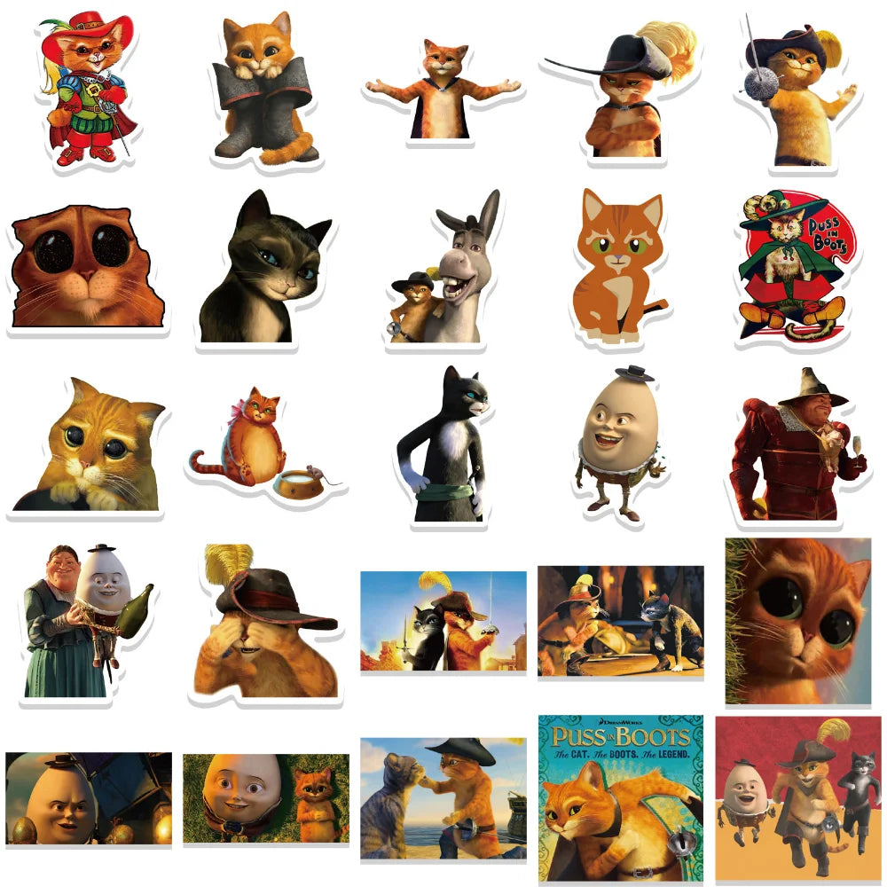 10/52Pcs 90s Classic Cartoon Movie Puss in Boots Stickers for Skateboard Laptop Guitar Luggage Bike Scrapbook Decal Kids Toys (ONLINE ORDER ONLY)
