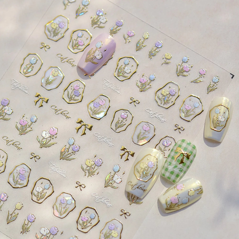 Golden Border Tulip Bloom Flower Bowknot Geometric Frame Metal Workmanship Charming Adhesive Nail Art Sticker Manicure Decals (ONLINE ORDER ONLY)