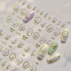Golden Border Tulip Bloom Flower Bowknot Geometric Frame Metal Workmanship Charming Adhesive Nail Art Sticker Manicure Decals (ONLINE ORDER ONLY)