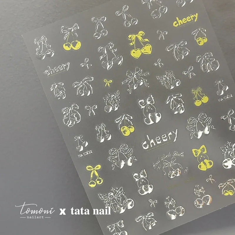 Colourful Cherry Abundant Fruits Bowknot Shiny White Line Outline Self Adhesive Nail Art Stickers Chic Rhinestone Manicure Decal (ONLINE ORDER ONLY)