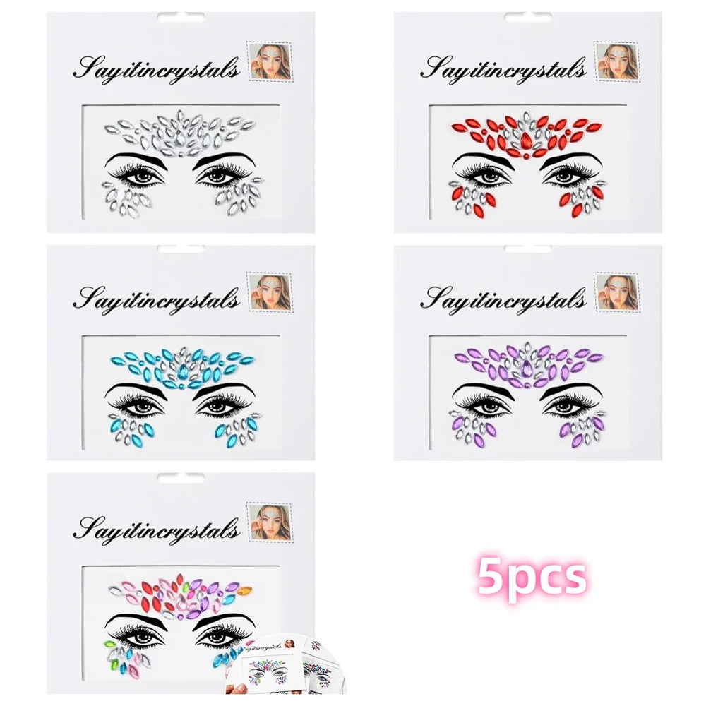 5Pcs Coloful Glitter Face Jewelry Sticker Crystal Eye Body Face Jewels Bady Makeup Tools Temporary Self-Adhesive Nail Rhinestone (ONLINE ORDER ONLY)