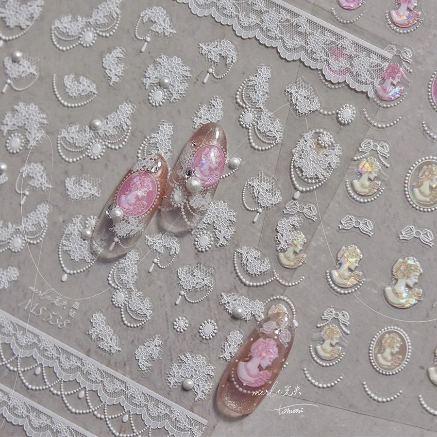 French Romantic Lace Flower Fabric Art Pearl Pendant Portrait Bowknot Textile Printing Delicate Nail Art Stickers Manicure Decal (ONLINE ORDER ONLY)