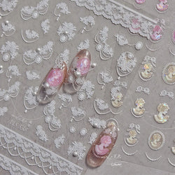 French Romantic Lace Flower Fabric Art Pearl Pendant Portrait Bowknot Textile Printing Delicate Nail Art Stickers Manicure Decal (ONLINE ORDER ONLY)
