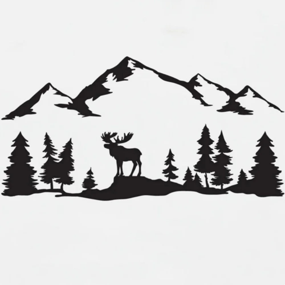 For SUV RV Camper Offroad Moose Trees Forest Mountain Silhouette Vinyl Art Car Sticker Decor Outdoors Hiking Decals Decoration (Online Order Only)