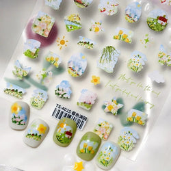 Painting Sketch Tulip Daisy Willows Scenery Daisy Colorful Flowers Sun Star Butterfly Wicker 3D Nail Art Stickers Manicure Decal (ONLINE ORDER ONLY)