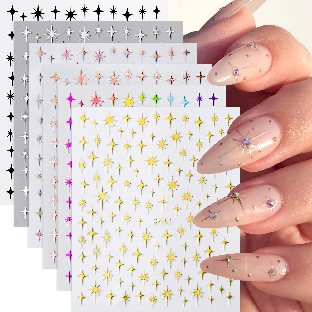 6Pcs 3D Silvery Star Nail Sticker Y2K Nail Design Gold Bronzing Slider Chrome Effect Nail Decoration Nail Design Manicure Tips * (ONLINE ORDER ONLY)
