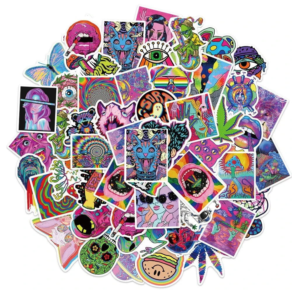 10/30/50PCS Art Psychedelic Graffiti Stickers Aesthetic Cartoon Kid Toys Decals Luggage Helmet Laptop Guitar Waterproof Sticker (ONLINE ORDER ONLY)