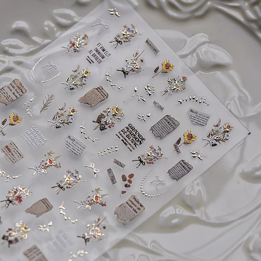 Pale Flower Bouquet Label Bowknot Stationery Sunflower Daisy Leaf 3D Self Adhesive Nail Art Stickers Rhinestone Manicure Decals (Online Order Only)