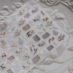 Pale Flower Bouquet Label Bowknot Stationery Sunflower Daisy Leaf 3D Self Adhesive Nail Art Stickers Rhinestone Manicure Decals (Online Order Only)