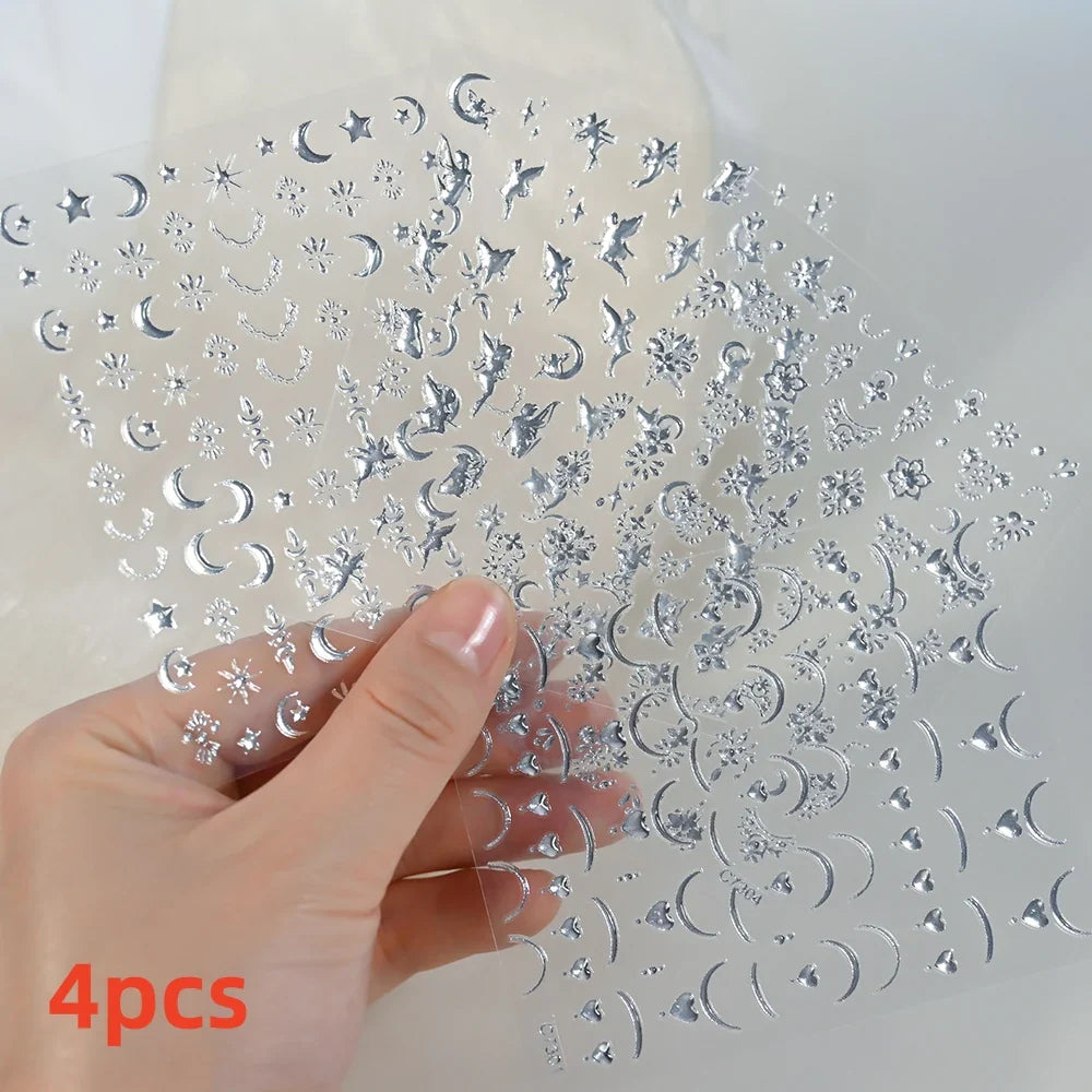 4pcs/Set Elf/Fairy Jelly Gold Nail Art Sticker Sun/Moon/Star Geometric Embossed Reliefs Self Adhesive Nail Decal Manicure Design (Online Order Only)