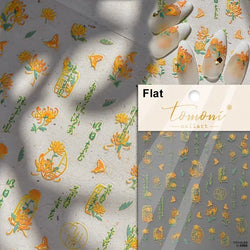 Gradient Coloredful Flower Petal Green Leaf Dreamy Shiny Chinese Rose Fantasy Relief Adhesive Nail Art Stickers Manicure Decals (Online Order Only)