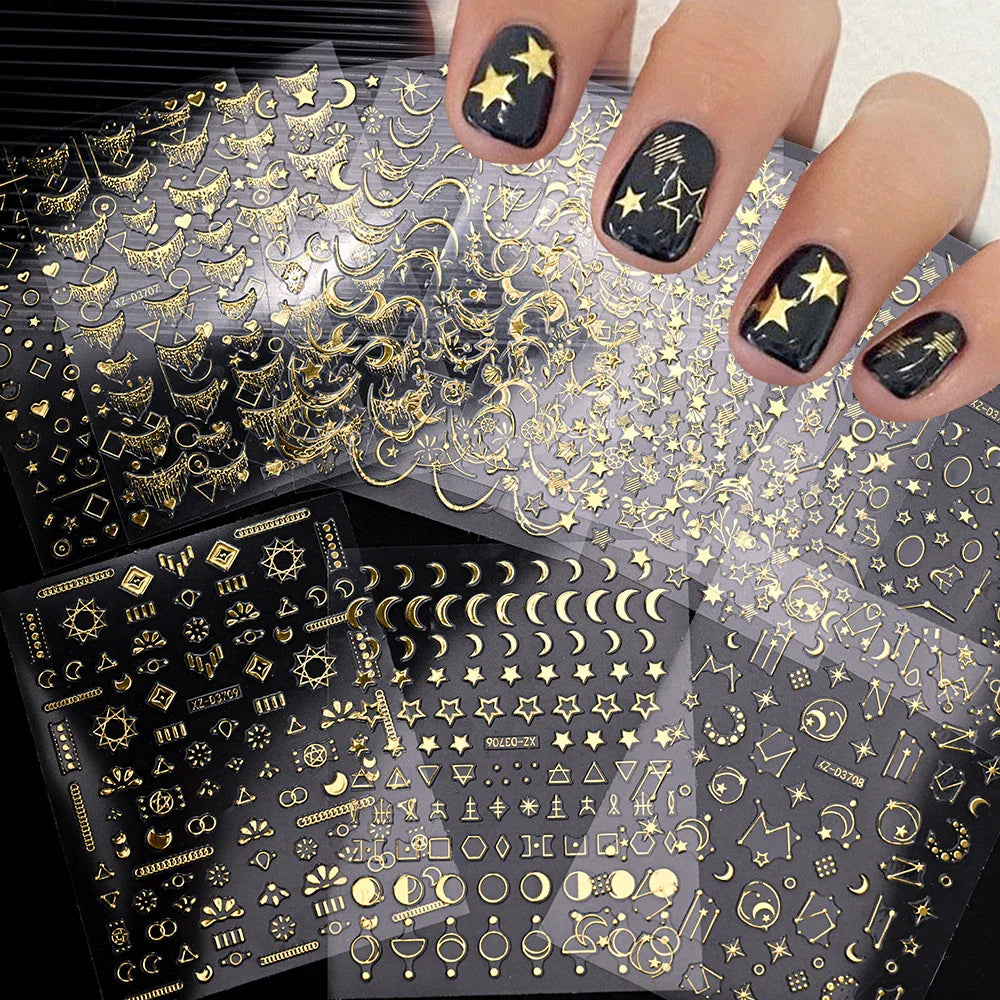 1pc 3D Gradient French Nail Stickers with Crown & Tassel Design Gold Silver Lines Self-Adhesive Nail Art Waterfall Manicure Foil (Online Order Only)