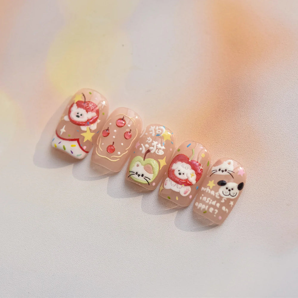Cute Apple Fruit Dog Puppy Cat Kitten Adhesive Nail Art Sticker Charming Delicate Rhinestone Shiny Manicure Decals Nail Supplies (ONLINE ORDER ONLY)